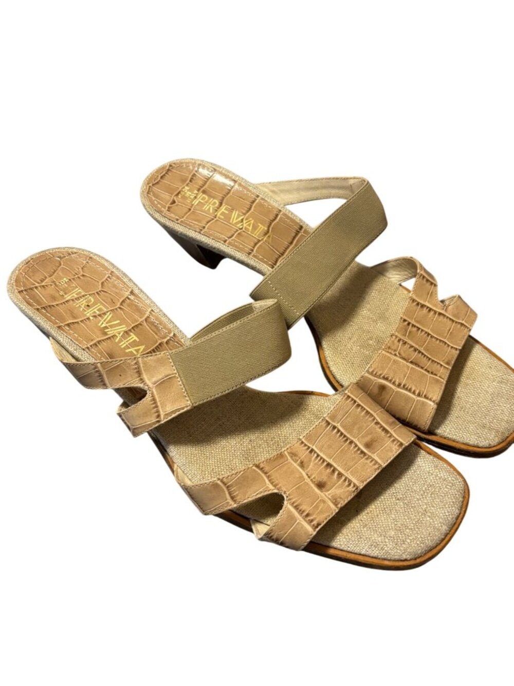 Prevata Croc Canvas Peep Toe Sandals Beige Brown Sz 9.5 Animal Print Neutral